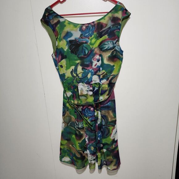 Vintage 80s Danny & Nicole Psychedelic Floral Cocktail Dress Size 10 Green Belt - Picture 7 of 15